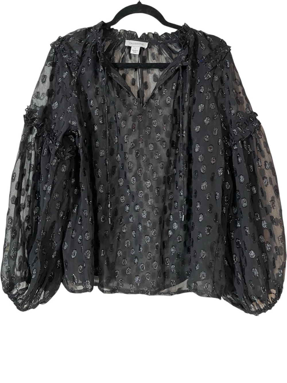Calligraphe Anthro Black Metallic Sheer Tie Neck Blouse L - Picture 2 of 8